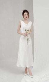 Elegant Satin Cowl Neck Midi Dress with Pearl Detail